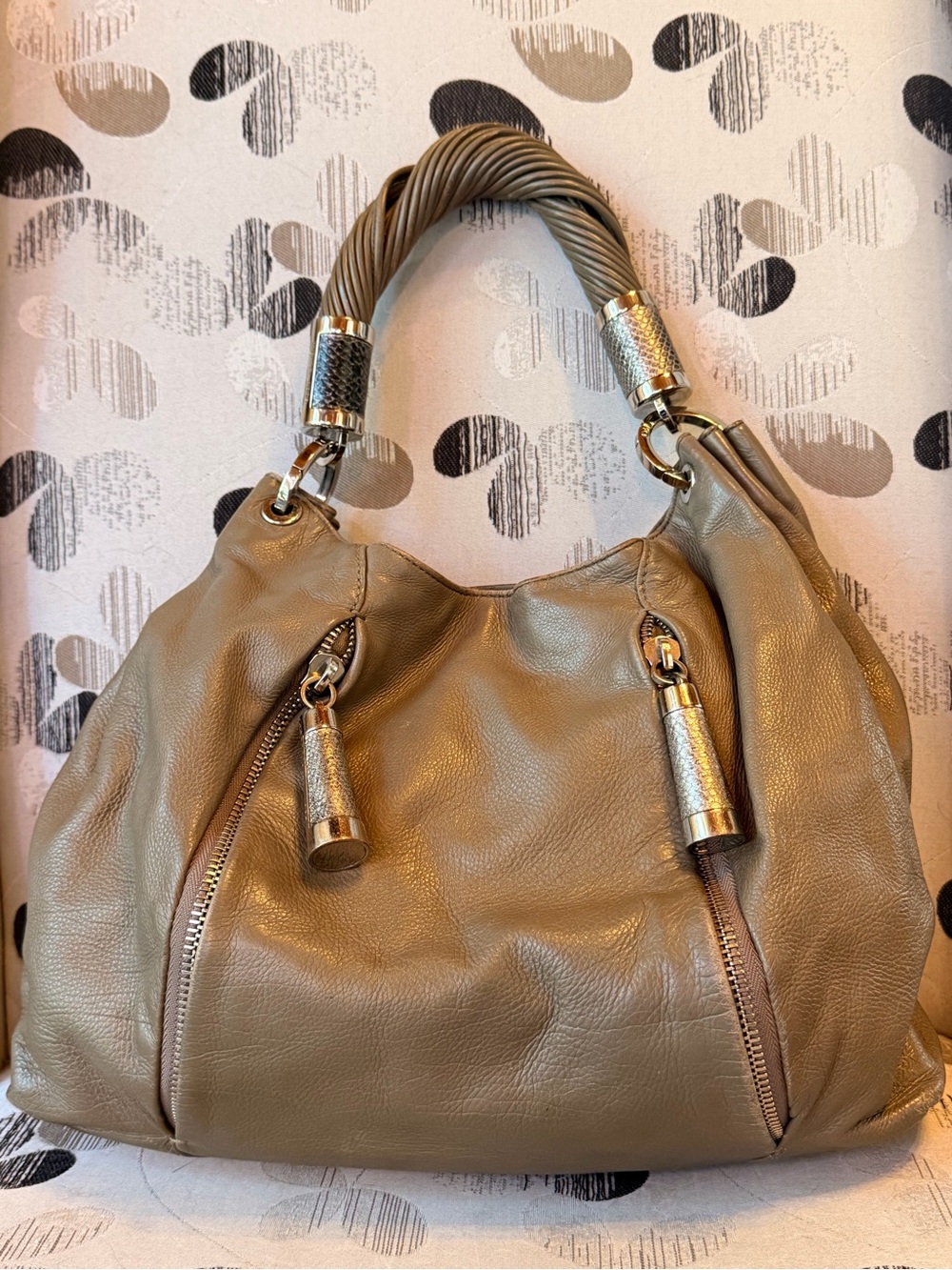 Michael Kors Runway Collection Leather Hobo Bag Taupe Snakeskin Toggle